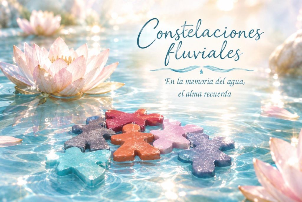 Piezas de colores flotando sobre el agua en una composición de Constelaciones Fluviales